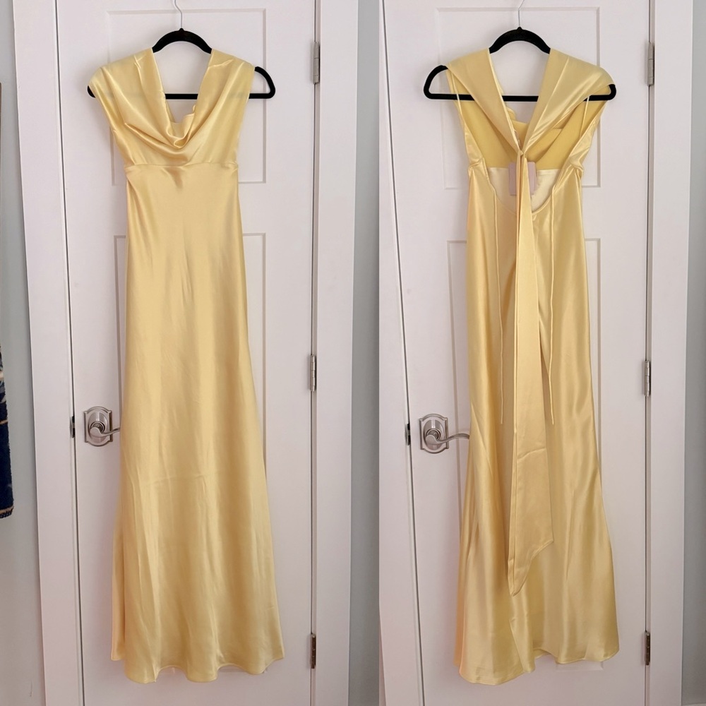 SAU Lee Pearl Plunging Cowl Neck Satin Gown Popcorn Yellow NEW with tags - Picture 2 of 8